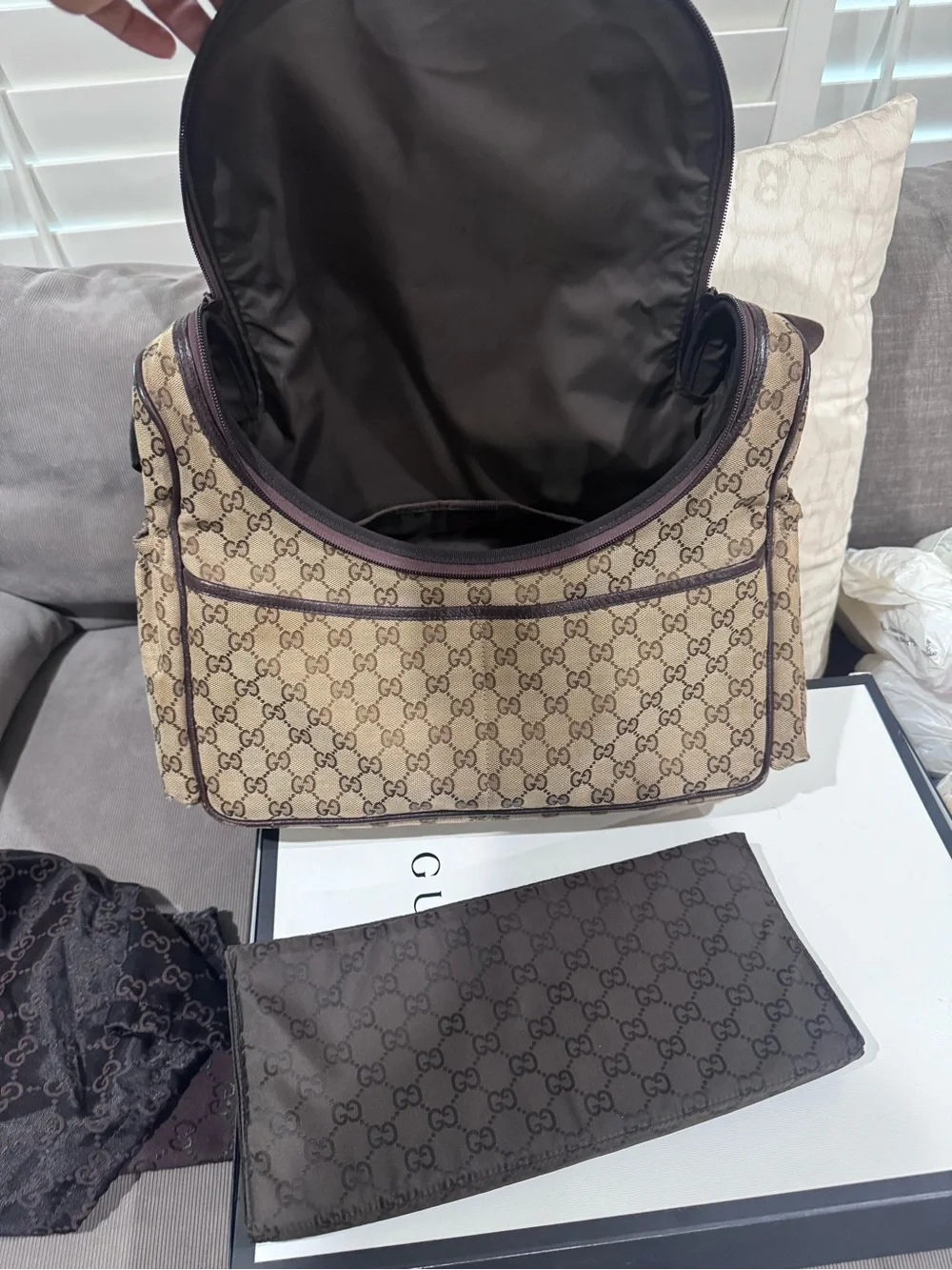 Gucci Beige GG Canvas Baby Messenger Bag with Dark Brown Trim